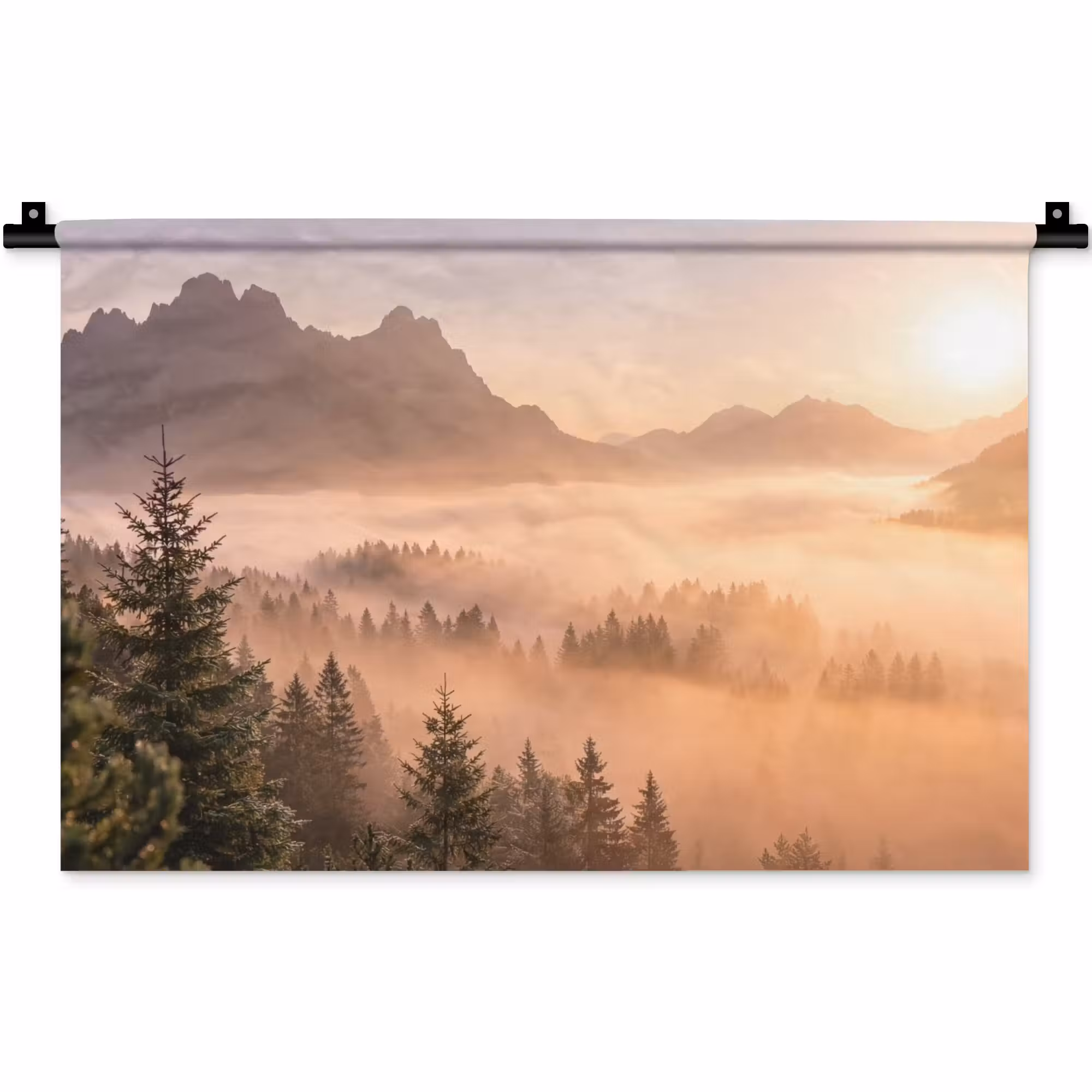 Wandteppich - Sonnenlicht - Nebel - Berge - Bäume