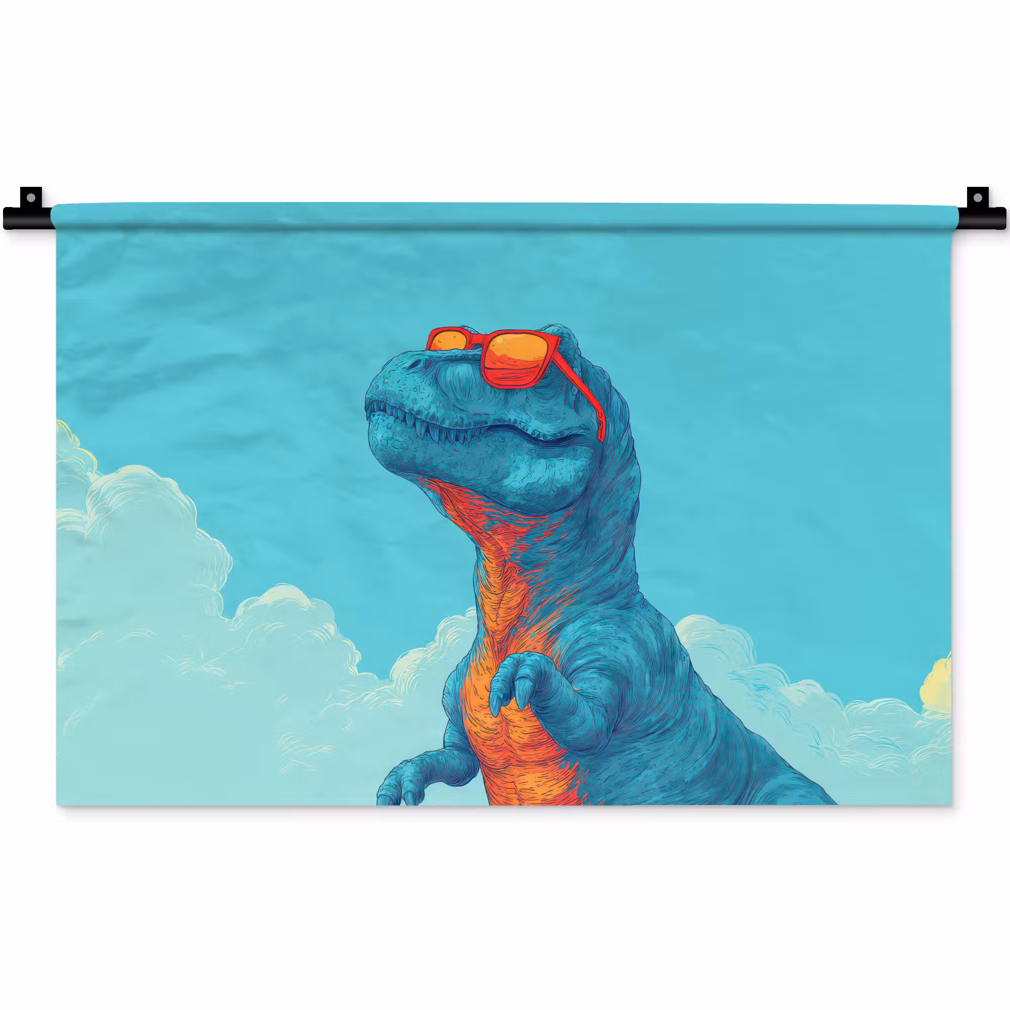 Wandteppich - T-Rex - Blau - Wolken - Sonnenbrille