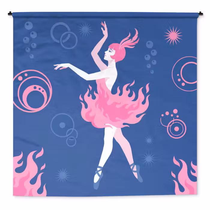 Wandteppich - Tänzerin – Flammenrock – Abstrakt – Rosa – Blau