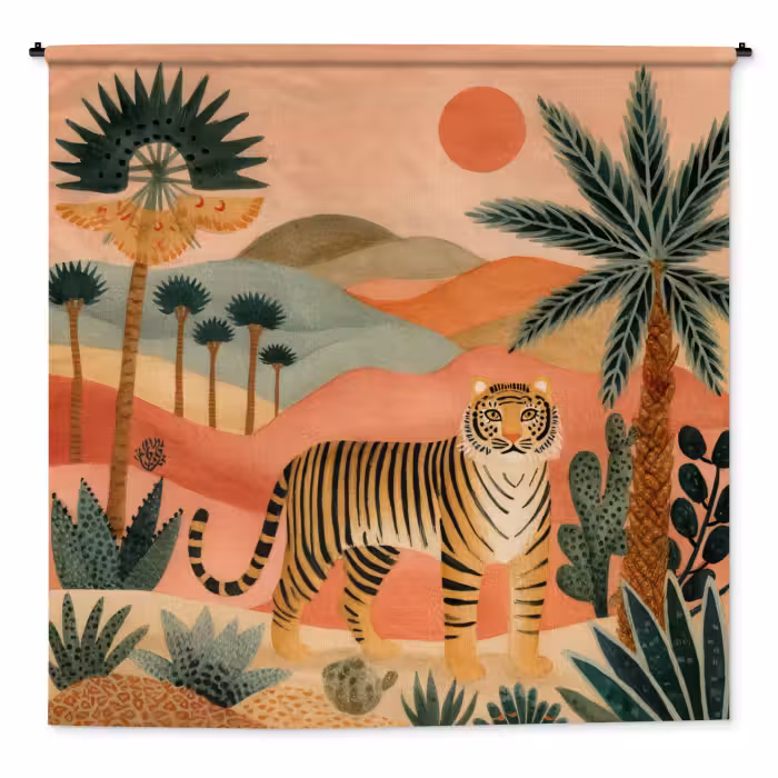 Wandteppich - Tiger - Palmen - Kaktus - Orange