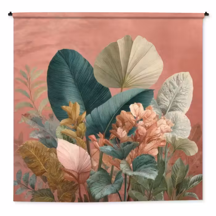 Wandteppich - Tropische Blätter - Blumen - Rosa - Grün