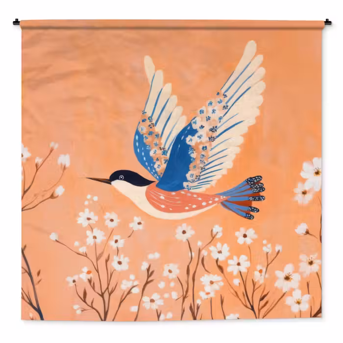 Wandteppich - Vogel - Blütenzweige - Warm - Farbenfroh