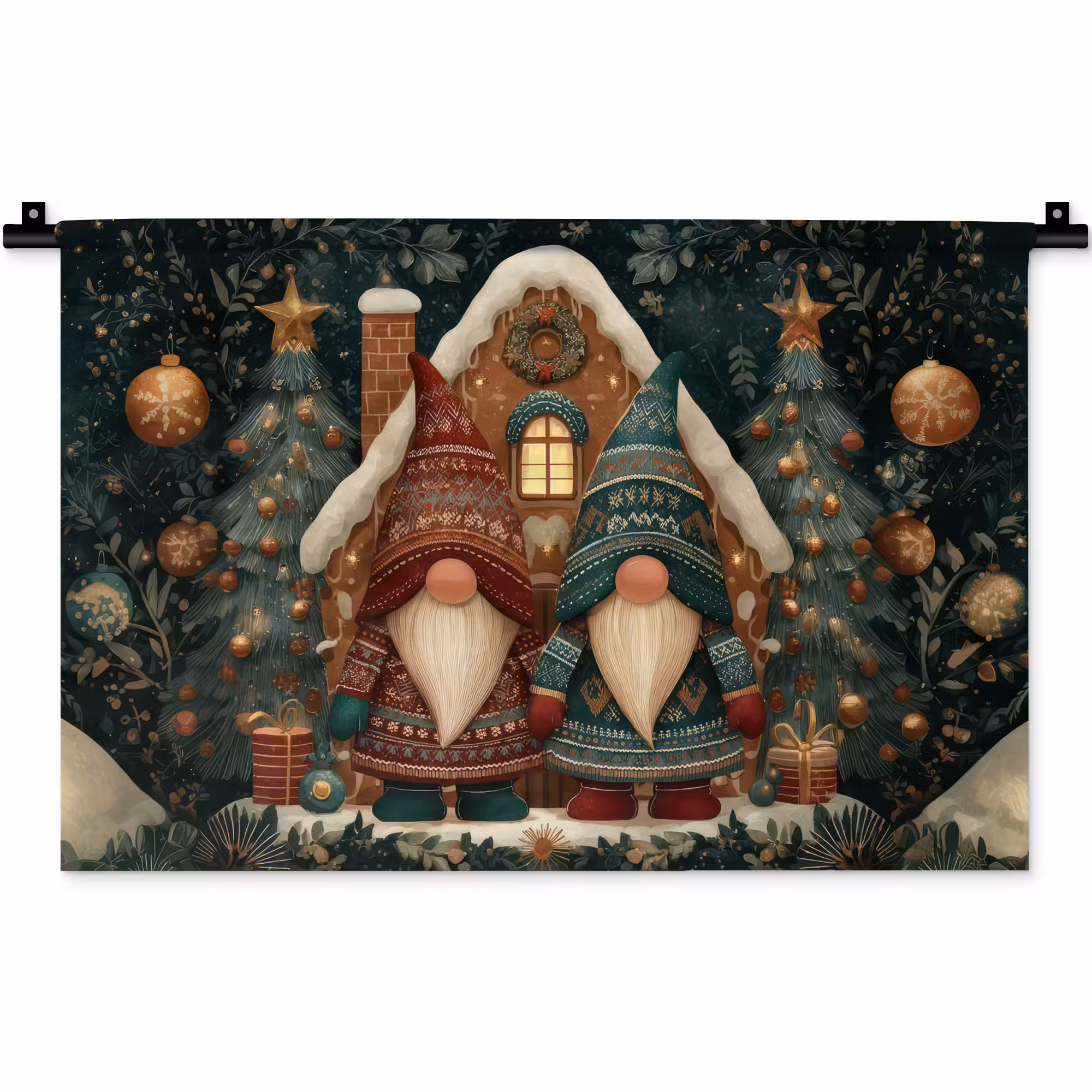 Wandteppich - Weihnachten - Wichtel - Lebkuchenhaus - Rot - Grün