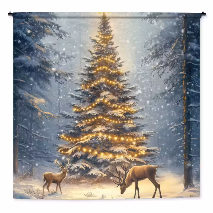 Wandteppich - Weihnachtsbeleuchtung - Wald - Hirsche - Dunkelheit