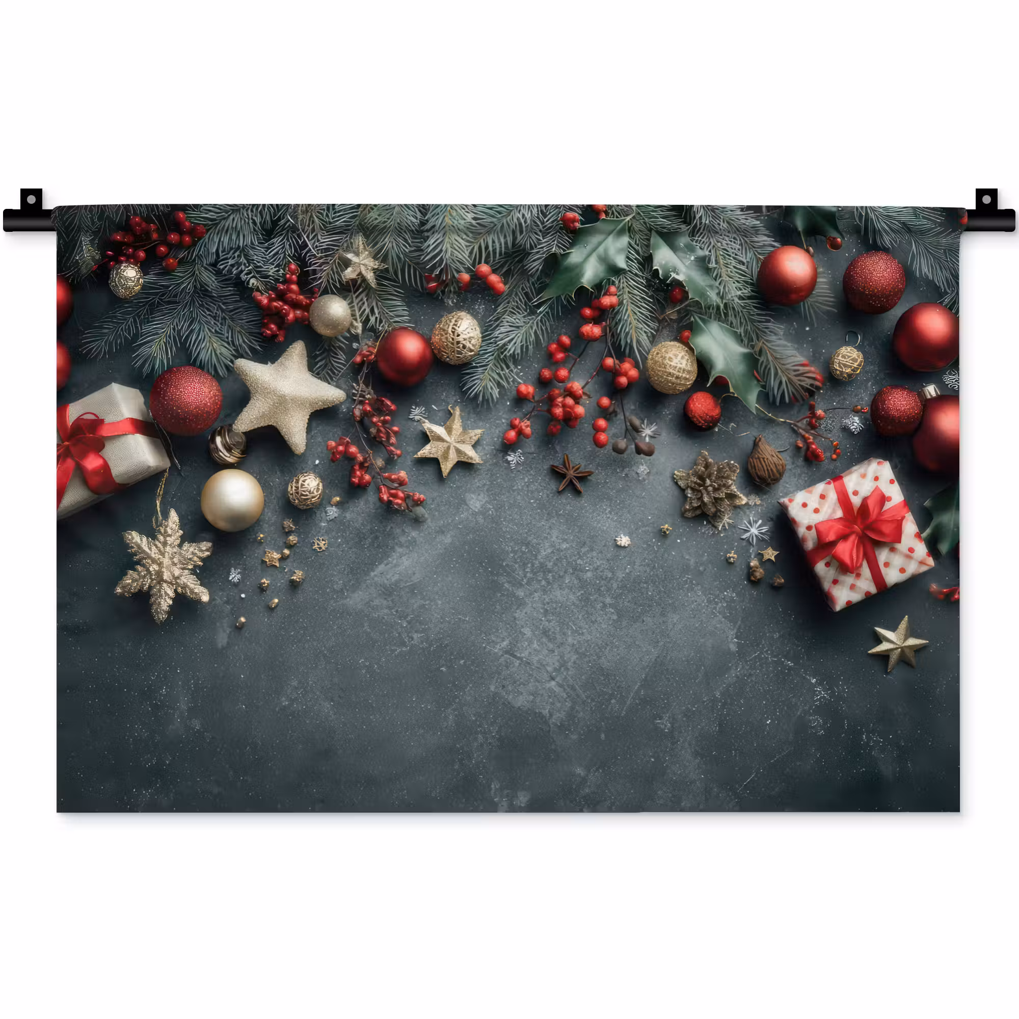 Wandteppich - Weihnachtsrahmen - Stechpalme - Farbenfroh