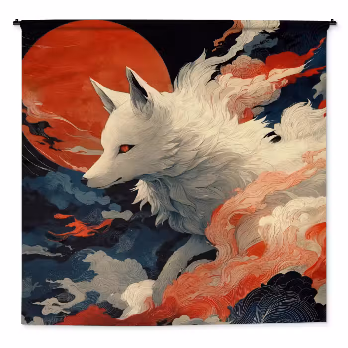 Wandteppich - Weißer Fuchs - Wolken - Mond