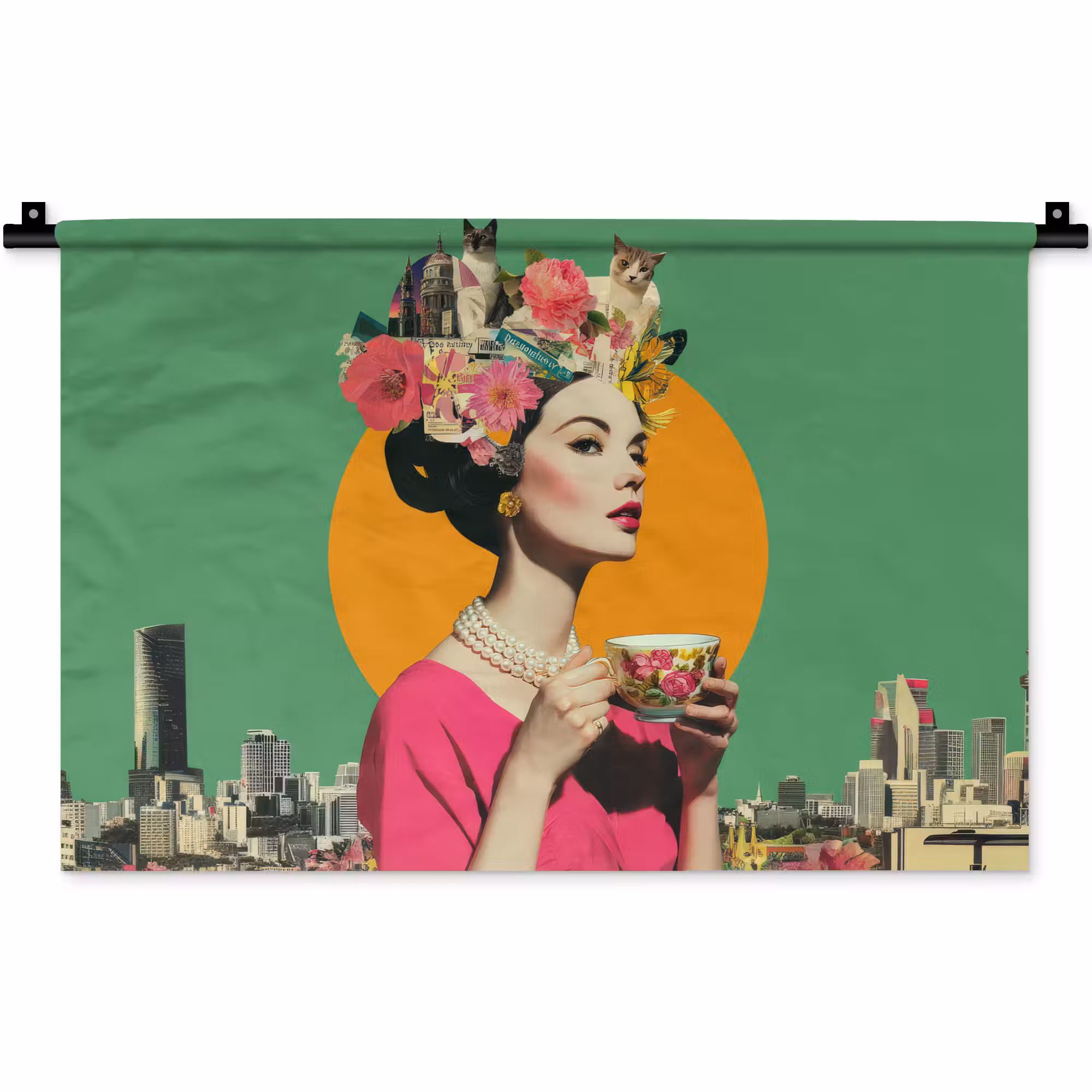 Wandteppich - Retro - Frau - Stadt - Sonne